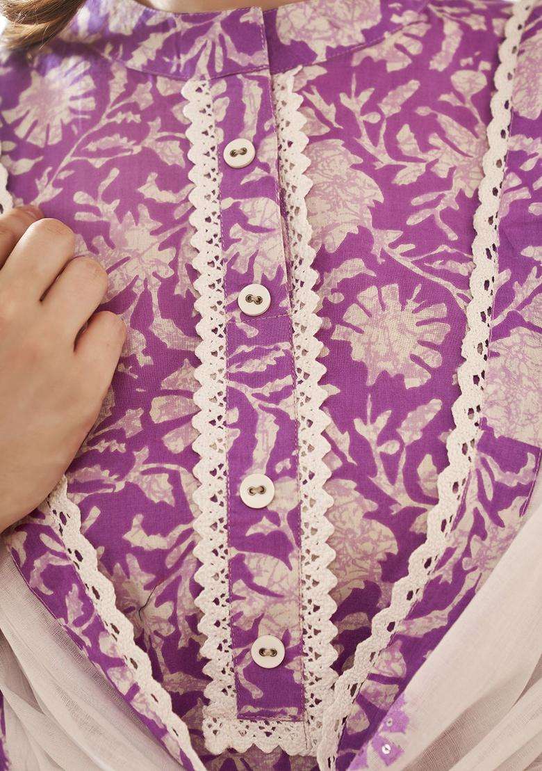 Lavender Printed Cotton Kurta Set - Indya