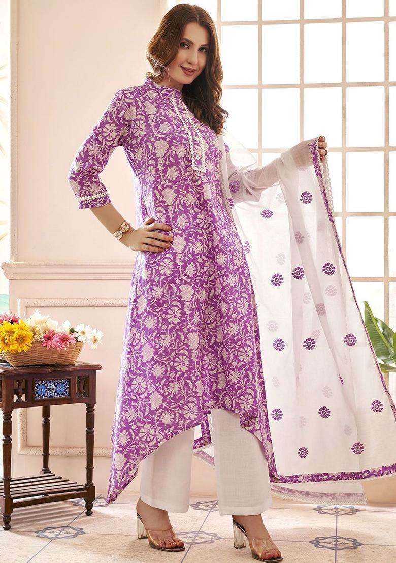 Lavender Printed Cotton Kurta Set - Indya