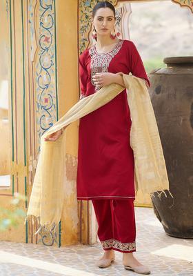Maroon Embroidered Viscose Kurta Set