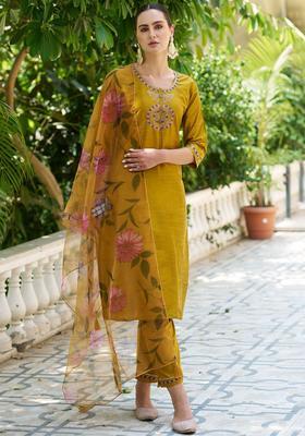Mustard Embroidered Cotton Kurta Set