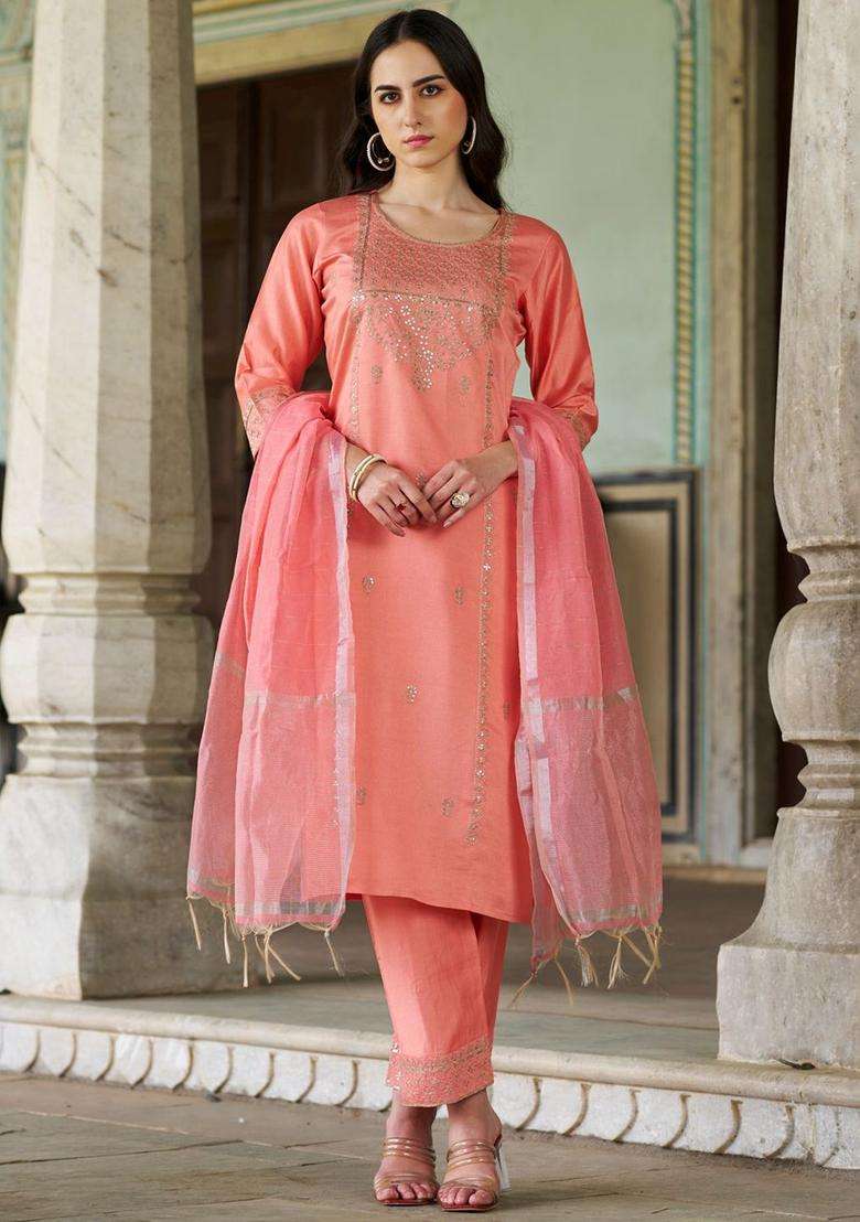 Peach Embroidered Viscose Kurta Set - Indya