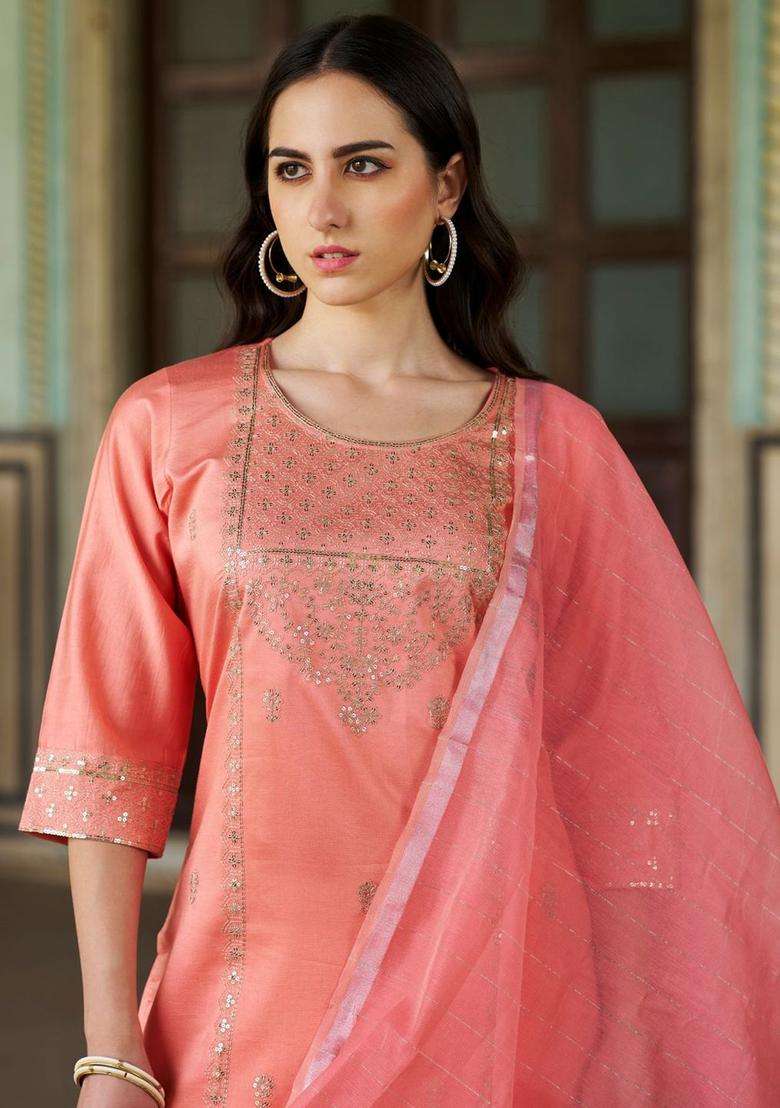 Peach Embroidered Viscose Kurta Set - Indya