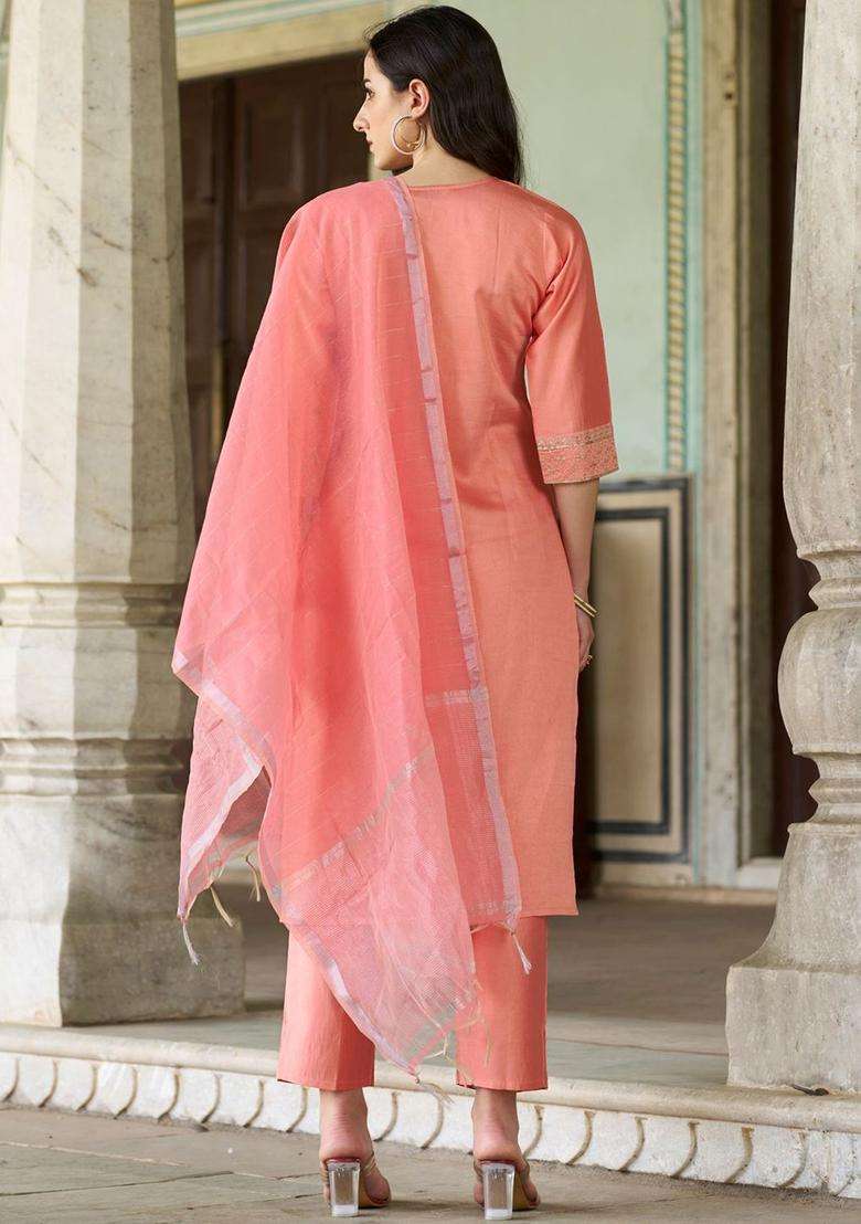 Peach Embroidered Viscose Kurta Set - Indya