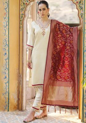 Cream Embroidered Silk Blend Kurta Set