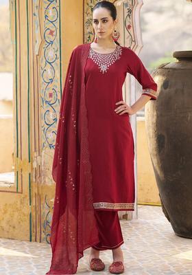 Maroon Embroidered Viscose Kurta Set