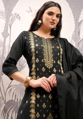 Black Woven Design Cotton Kurta Set