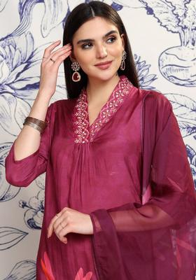 Maroon Printed Viscose Kurta Set