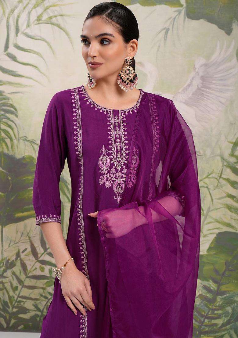Purple Embroidered Polyester Kurta Set - Indya
