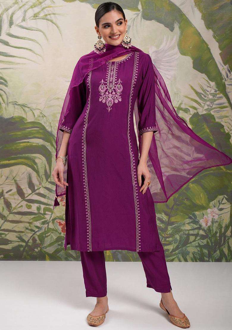 Purple Embroidered Polyester Kurta Set - Indya