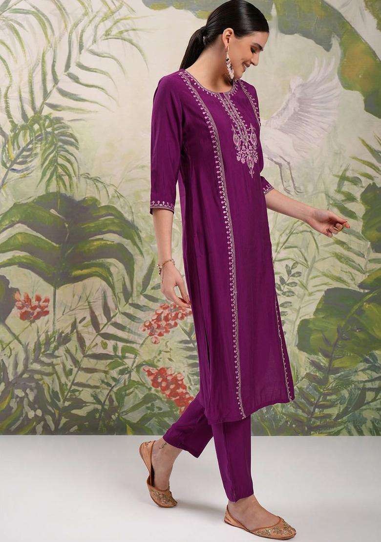 Purple Embroidered Polyester Kurta Set - Indya
