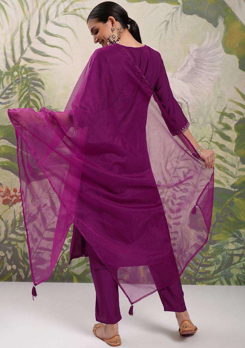 Purple Embroidered Polyester Kurta Set - Indya