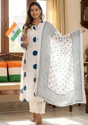 Off White Printed Cotton Kurta Set