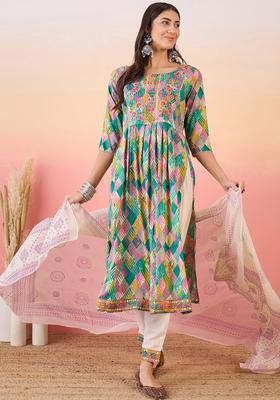Green Printed Viscose Kurta Set