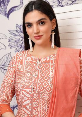 Peach Printed Viscose Kurta Set