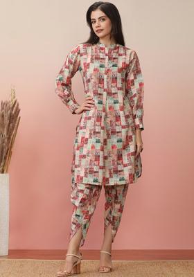 Beige Printed Viscose Kurta Set