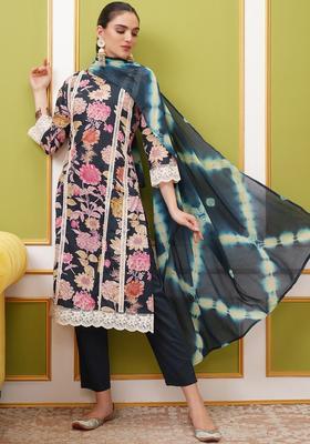 Navy Blue Printed Cotton Kurta Set