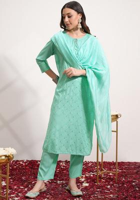Green Printed Viscose Kurta Set