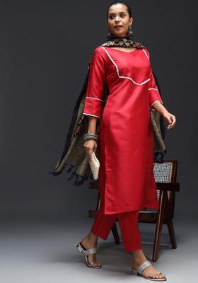 Red Solid Silk Blend Kurta Set