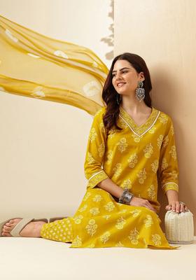 Mustard Printed Cotton Kurta Set