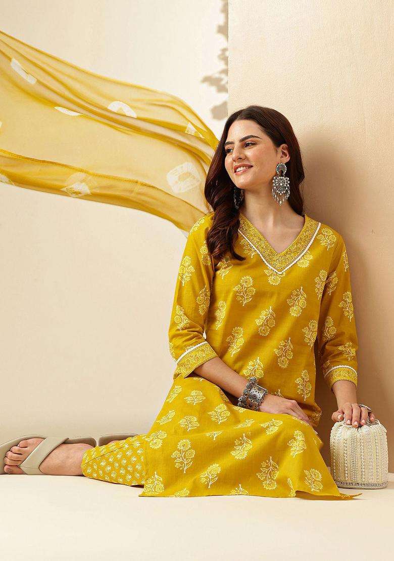 Mustard Printed Cotton Kurta Set - Indya