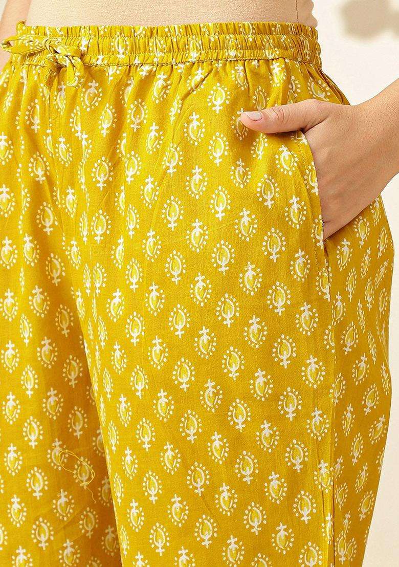 Mustard Printed Cotton Kurta Set - Indya