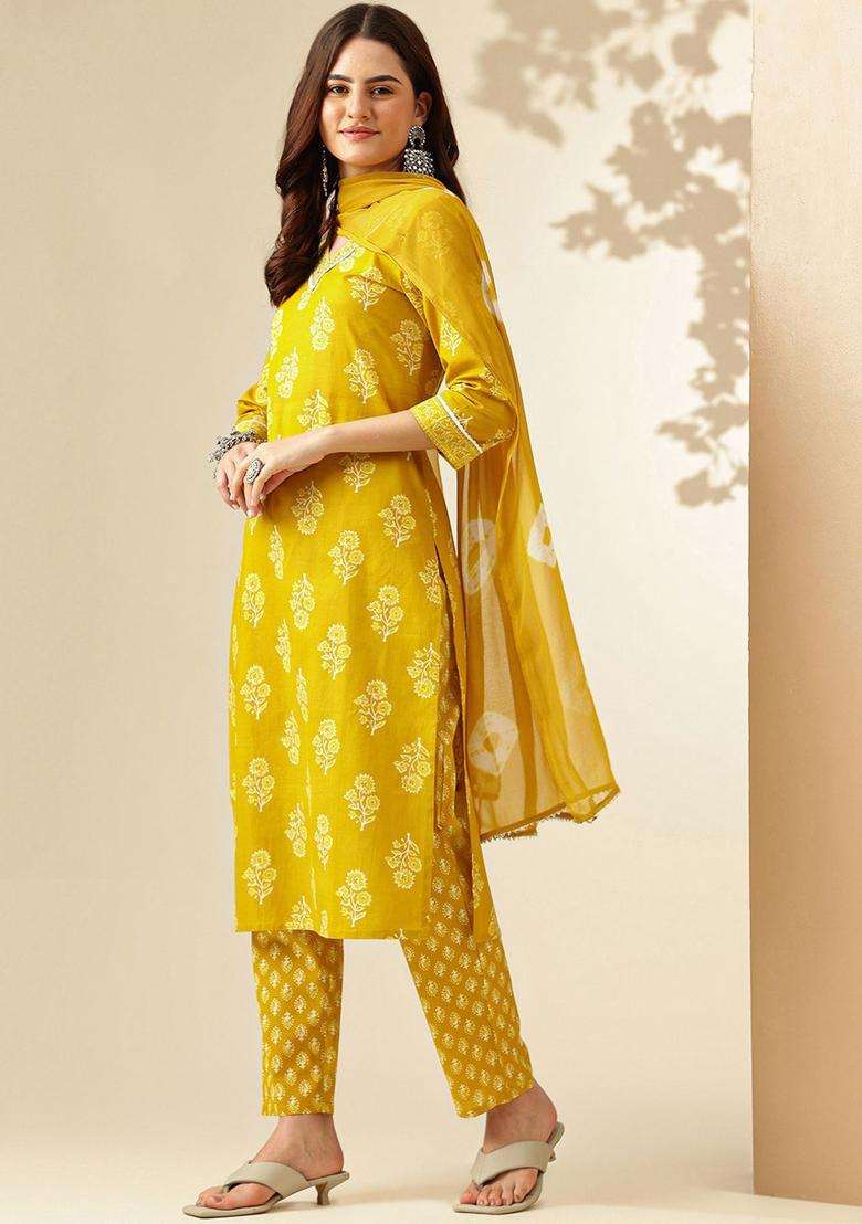 Mustard Printed Cotton Kurta Set - Indya