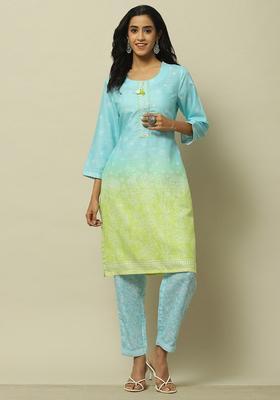 Blue Printed Polyester Kurta Set