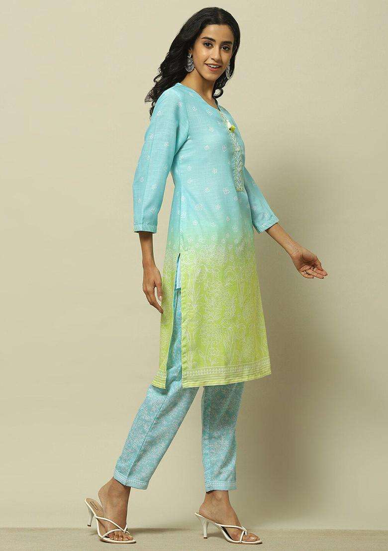 Blue Printed Polyester Kurta Set - Indya