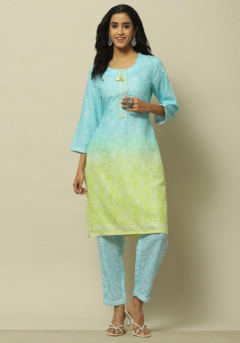 Blue Printed Polyester Kurta Set — view on Indya