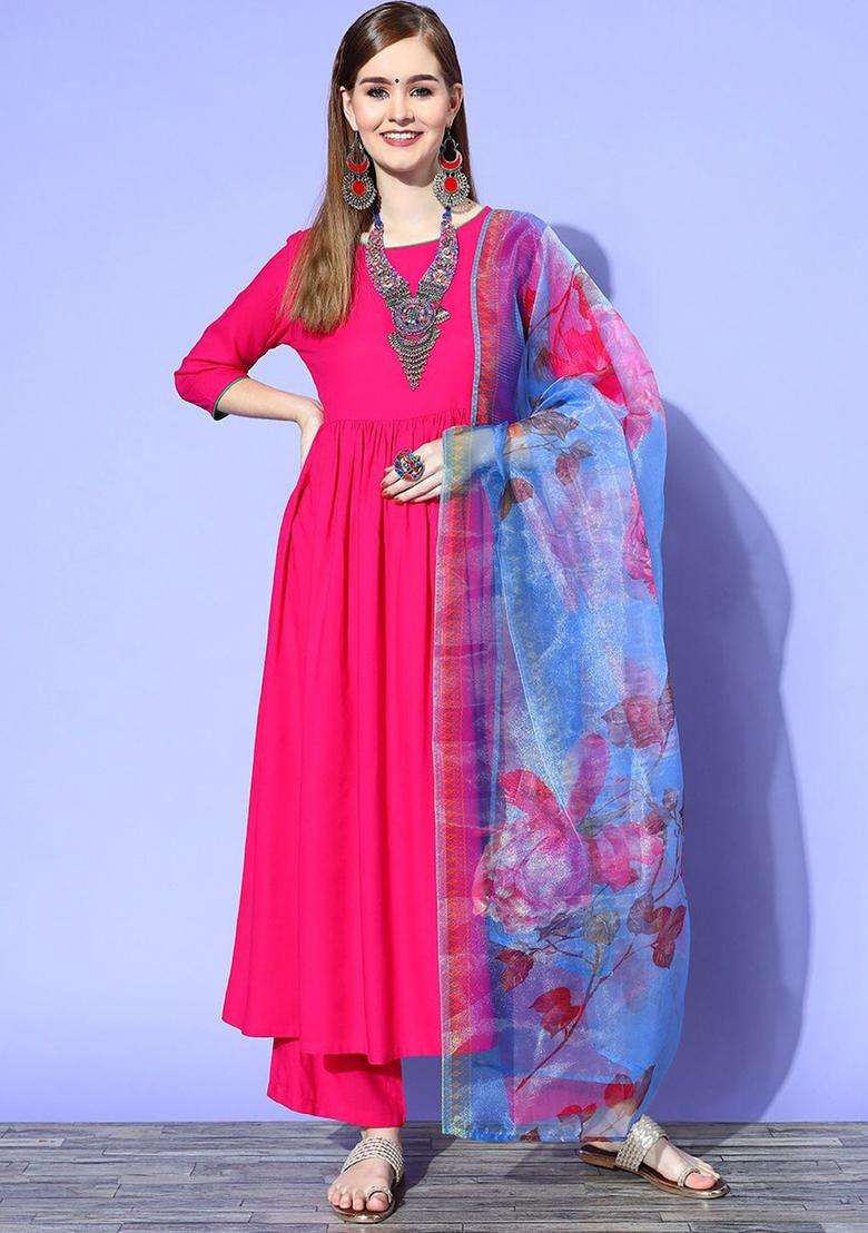 Fuchsia Solid Viscose Anarkali Set - Indya
