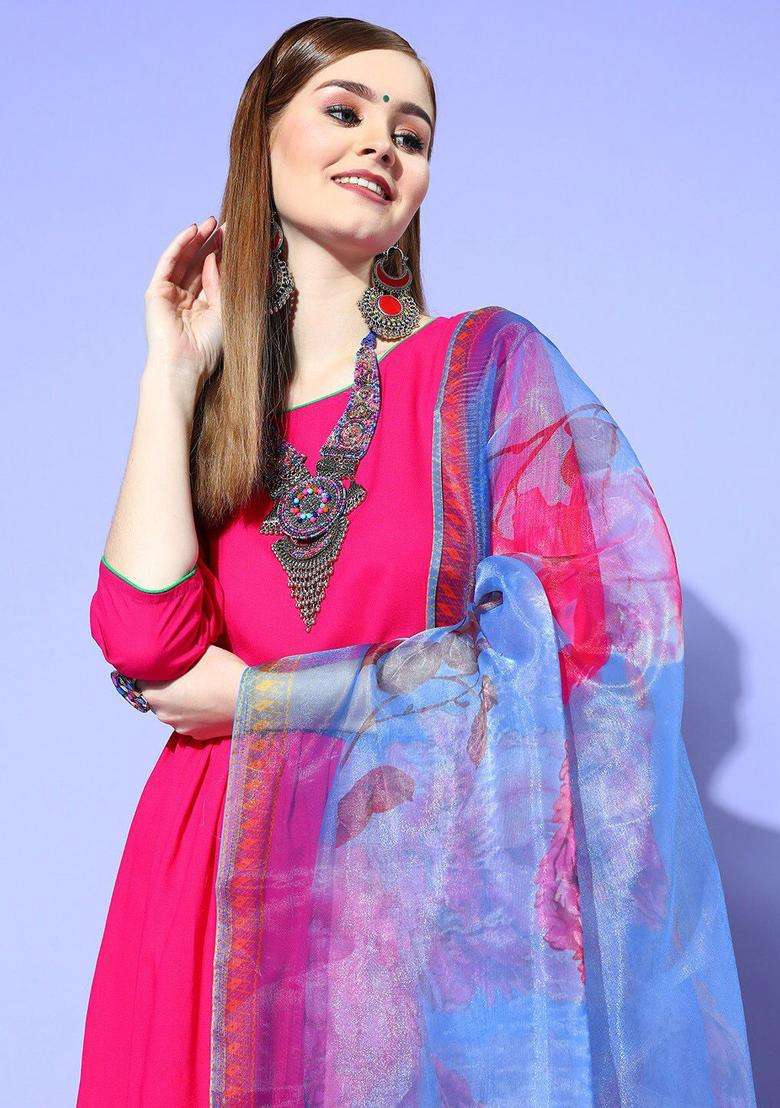 Fuchsia Solid Viscose Anarkali Set - Indya