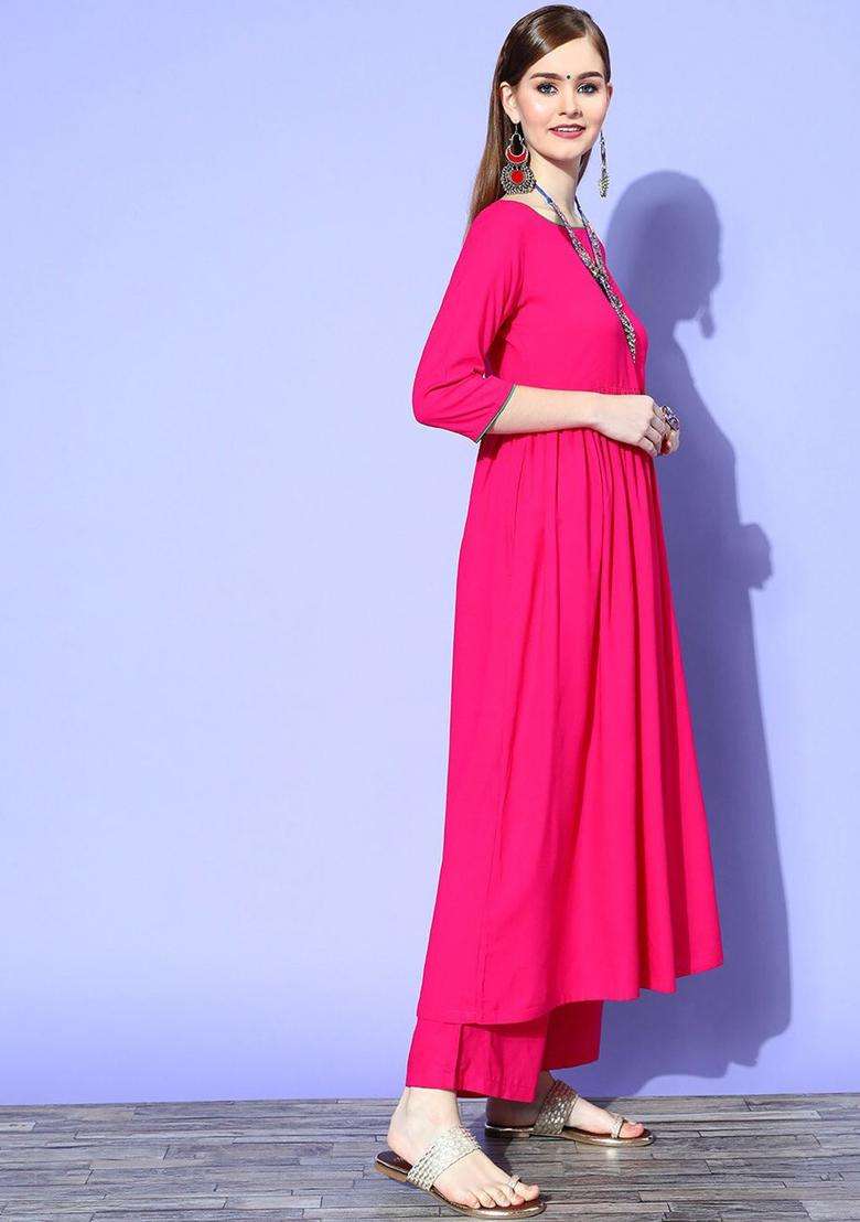 Fuchsia Solid Viscose Anarkali Set - Indya