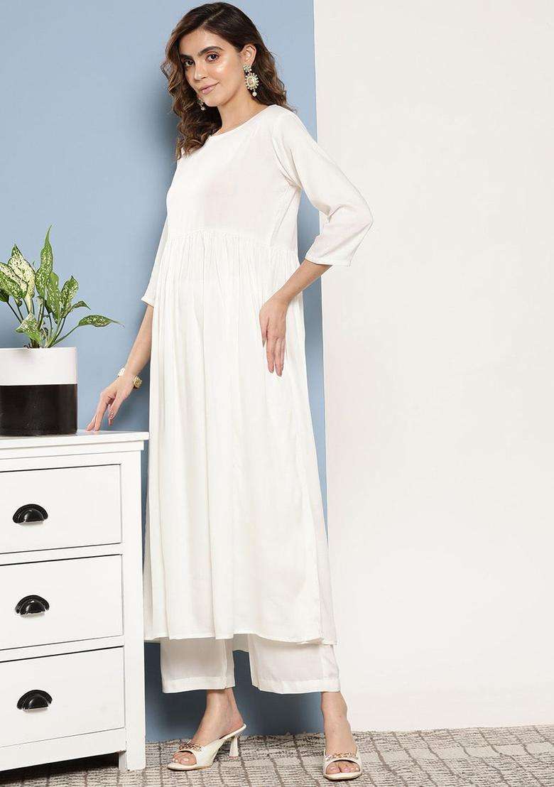 Cream Solid Viscose Kurta Set - Indya