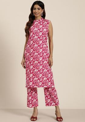 Maroon Printed Cotton Kurta Set