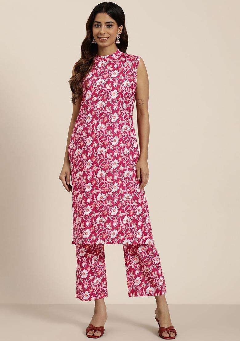 Maroon Printed Cotton Kurta Set - Indya