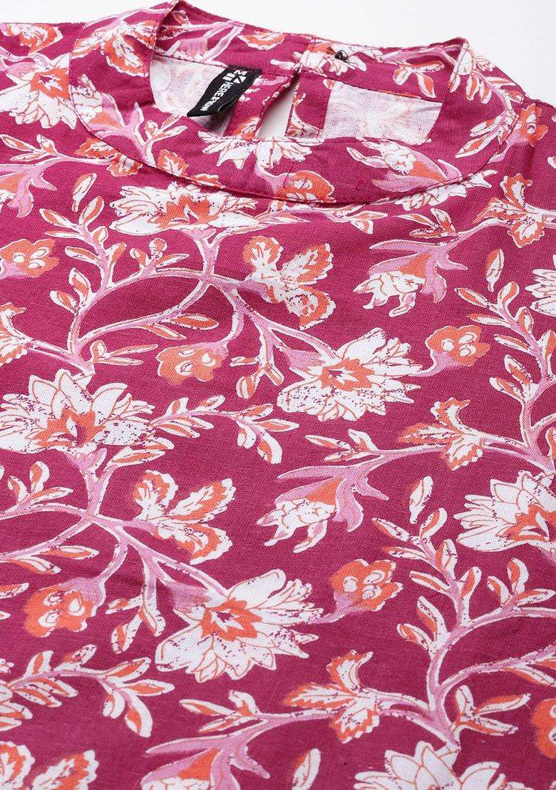 Maroon Printed Cotton Kurta Set - Indya
