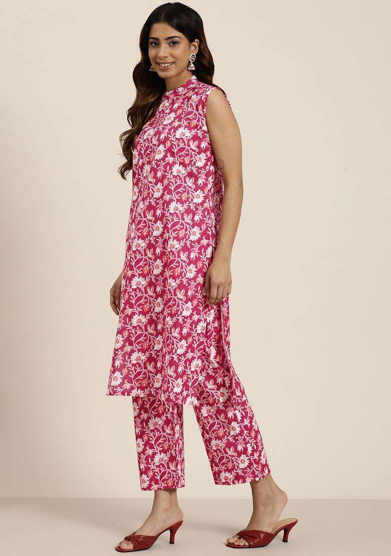 Maroon Printed Cotton Kurta Set - Indya