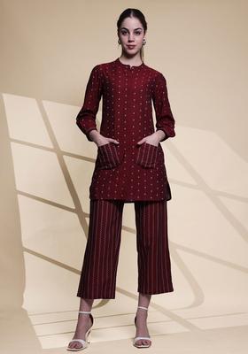 Maroon Printed Cotton Kurta Set