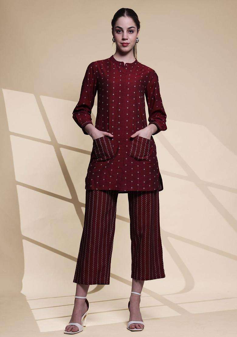 Maroon Printed Cotton Kurta Set - Indya