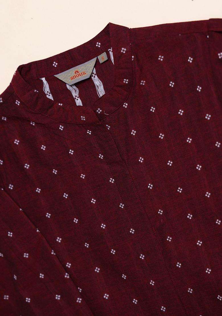 Maroon Printed Cotton Kurta Set - Indya
