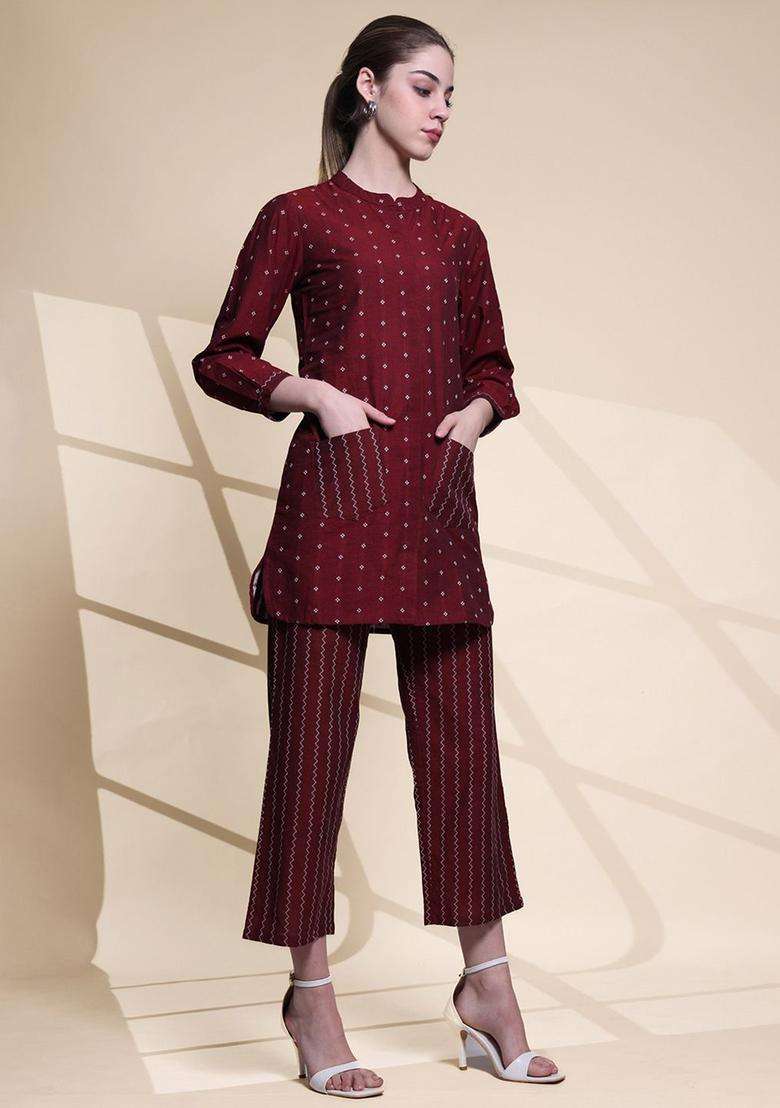 Maroon Printed Cotton Kurta Set - Indya