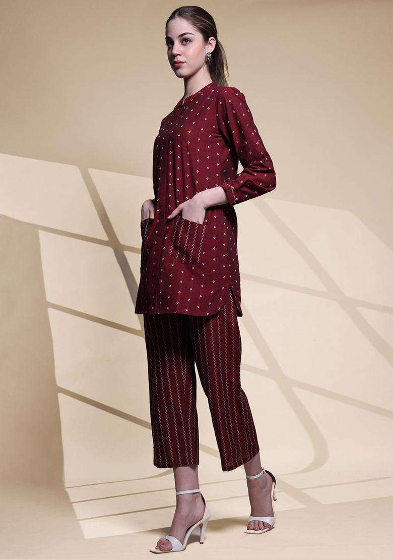 Maroon Printed Cotton Kurta Set - Indya