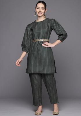 Green Printed Polyester Kurta Set