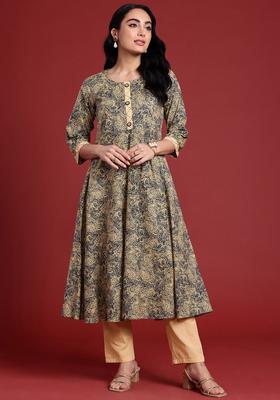Beige Printed Cotton Kurta Set