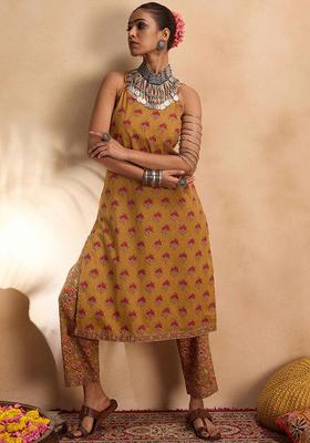 Mustard Printed Cotton Kurta Set