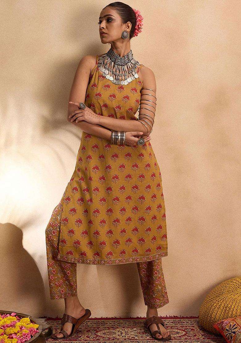 Mustard Printed Cotton Kurta Set - Indya