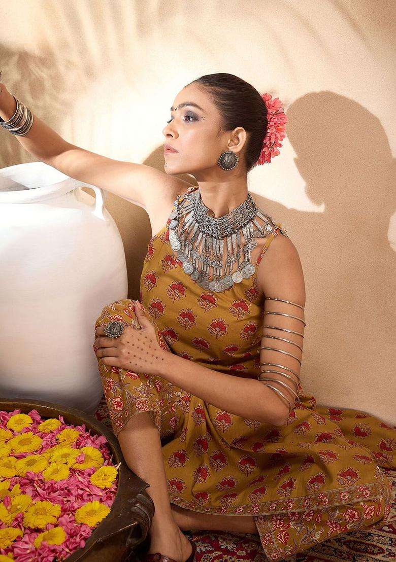 Mustard Printed Cotton Kurta Set - Indya
