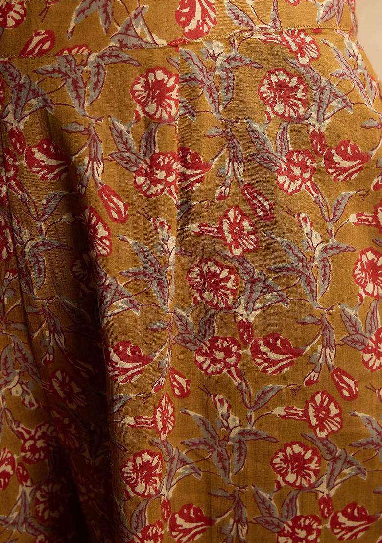 Mustard Printed Cotton Kurta Set - Indya