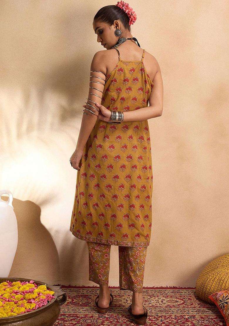 Mustard Printed Cotton Kurta Set - Indya