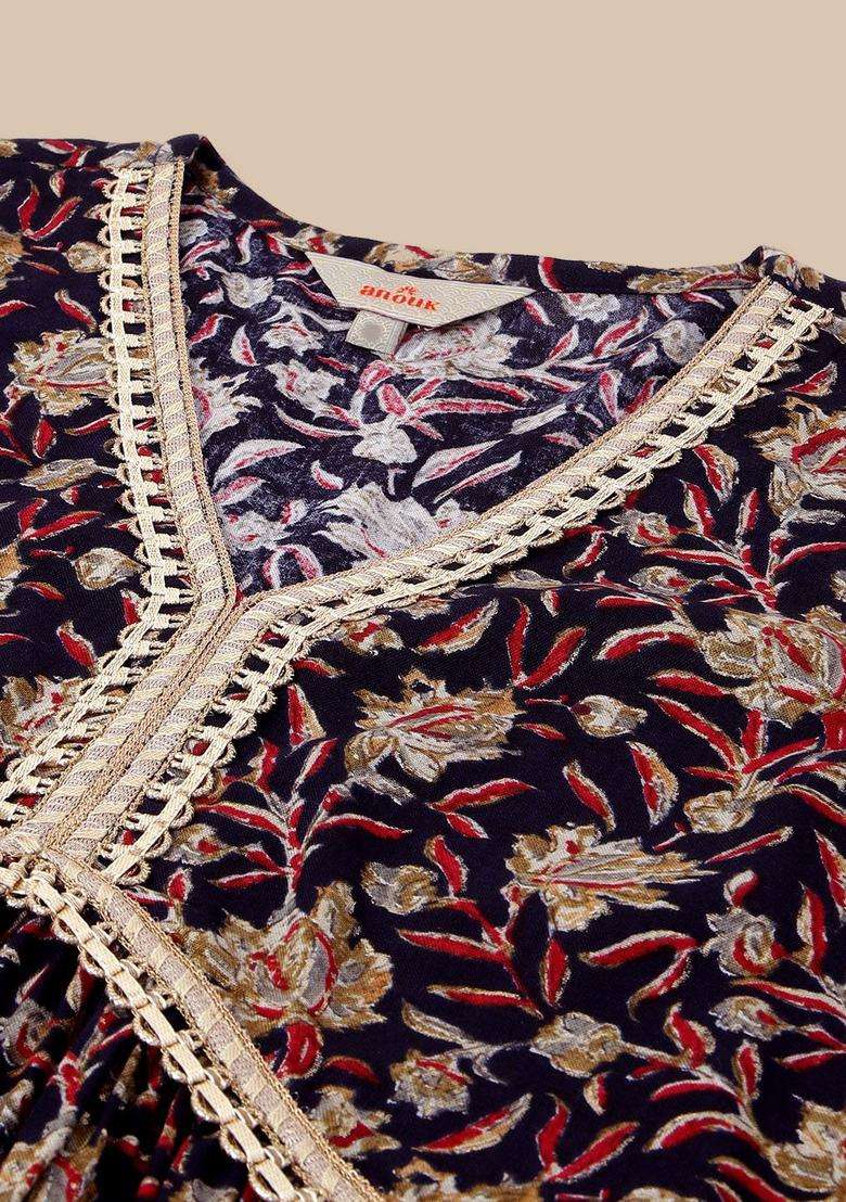 Navy Blue Printed Viscose Anarkali Set - Indya